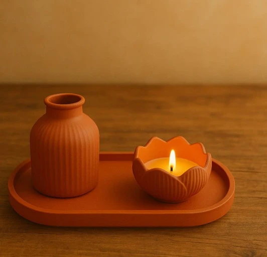 Mirgül Tasarım 3lü Kiremit Rengi Beton Vazo ve Lotus Tealight Mumluk Seti ürün görseli 1