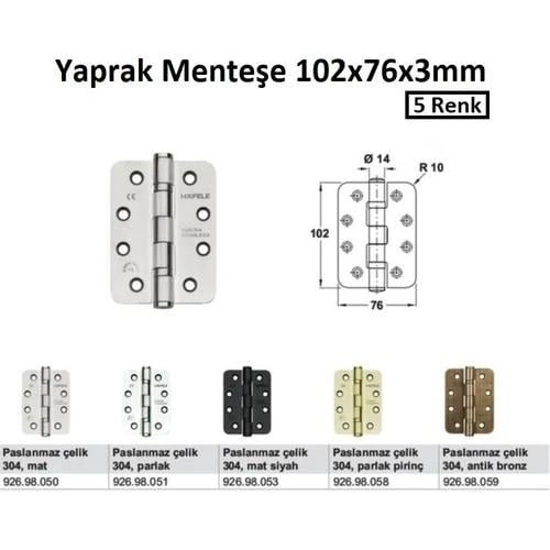 Hafele Yaprak Menteşe F Paslanmaz Çelik Parlak Pirinç102x76x3mm - Resim 3