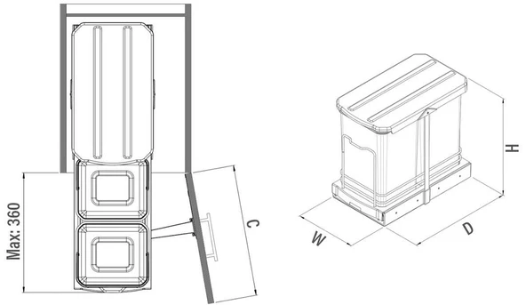 Teleskopik Raylı Plastik Gövde Çöp Kovası 12+12 Lt. Antrasit S2392 - 5