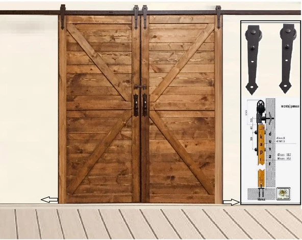 Ahır Kapı Çift Kanat Ferforje Mat Siyah Sürgü Kayar Kapı Sistemi - Resim 3