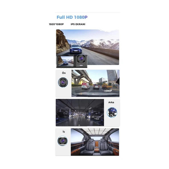1080P Araç Içi 3 Kameralı LCD Ekranlı Gece Görüşlü , G-Sensör , Geri Görüş Kameralı Yol Kayıt Araç Kamerası - 4
