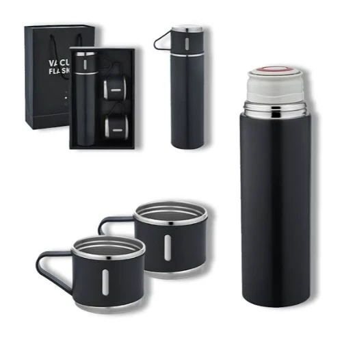 Vacuum Termos Paslanmaz Çelik 500 ml Sıcak-soğuk Termos Seti 3 Bardaklı siyah - 2