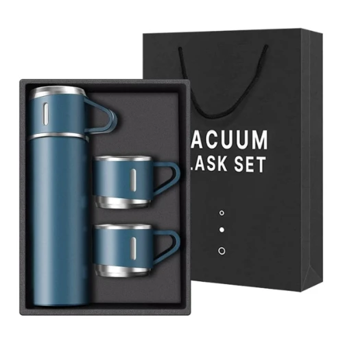 500 ml Vacuum Termos Paslanmaz Çelik 500 ml Sıcak-soğuk Termos Seti 3 Bardaklı mavi - 1