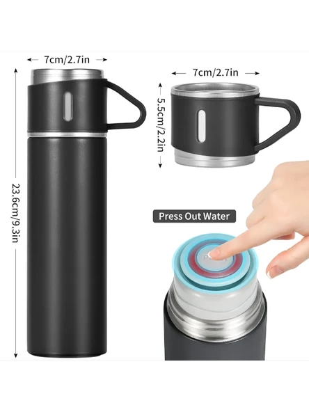 Vacuum Termos Paslanmaz Çelik 500 ml Sıcak-soğuk Termos Seti 3 Bardaklı granit gri - 4