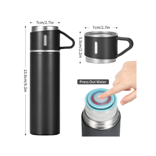Vacuum Termos Paslanmaz Çelik 500 ml Sıcak-soğuk Termos Seti 3 Bardaklı metalik renk - 3