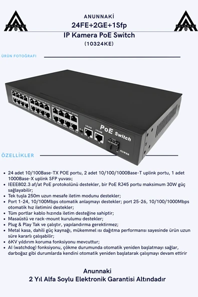 Anunnaki 10324KE 24 Port PoE Switch | 400W | 2GE Gigabit Uplink +1SFP | 250m Extend IP Kamera Uyumlu - Resim 3