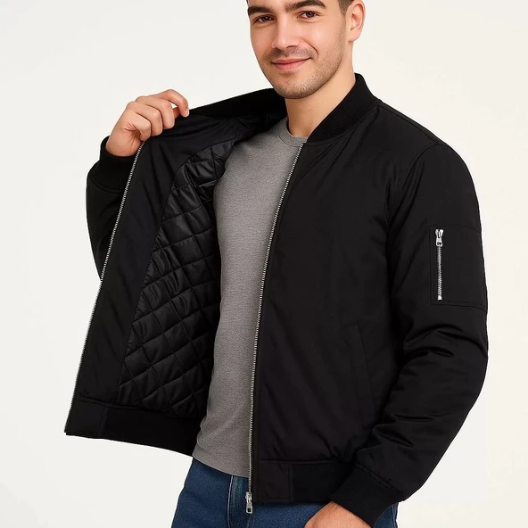 Erkek içi Astarlı Fermuarlı Bomber Mont Ceket - Siyah - Resim 4