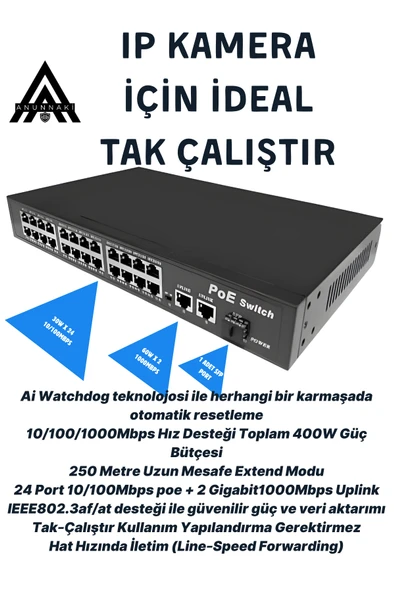 Anunnaki 10324KE 24 Port PoE Switch | 400W | 2GE Gigabit Uplink +1SFP | 250m Extend IP Kamera Uyumlu - Resim 2