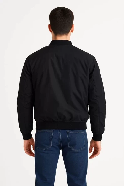 Erkek içi Astarlı Fermuarlı Bomber Mont Ceket - Siyah - Resim 3