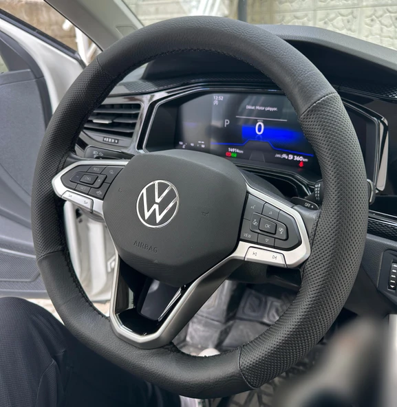 DİKİŞLİ DİREKSİYON KILIFI SİYAH DERİ NOKTALI DERİ SİYAH DİKİŞLİ VW POLO İÇİN - Resim 2