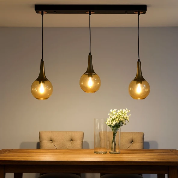 TT601-3S-SY-ESK TT Aydınlatma Mat Siyah - Eskitme 3 lü Uzun Hunili Avize - Resim 2