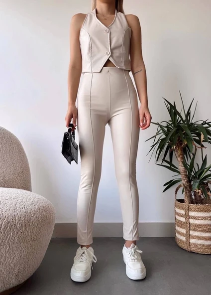 İki düğmeli deri yelek krem s243001 - 3