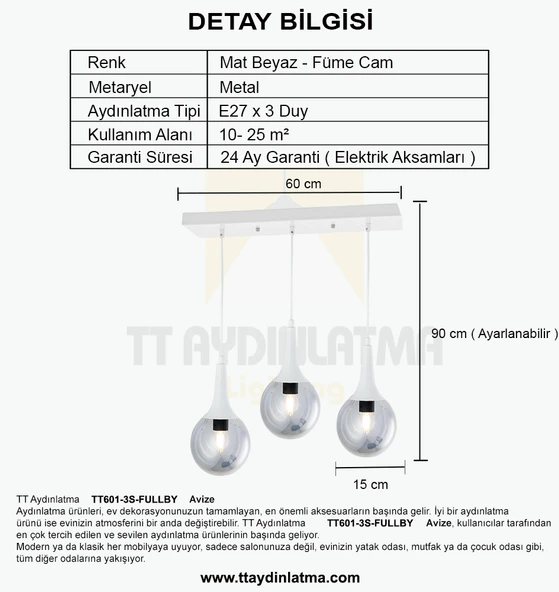 TT601-3S-FULLBY TT Aydınlatma Mat Beyaz 3 lü Uzun Hunili Sıralı Avize - Resim 4