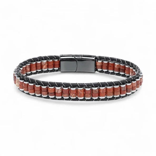 Kırmızı Jasper & Hematit Çelik Örgülü Deri Bileklik 31832B22D6 ürün görseli 1