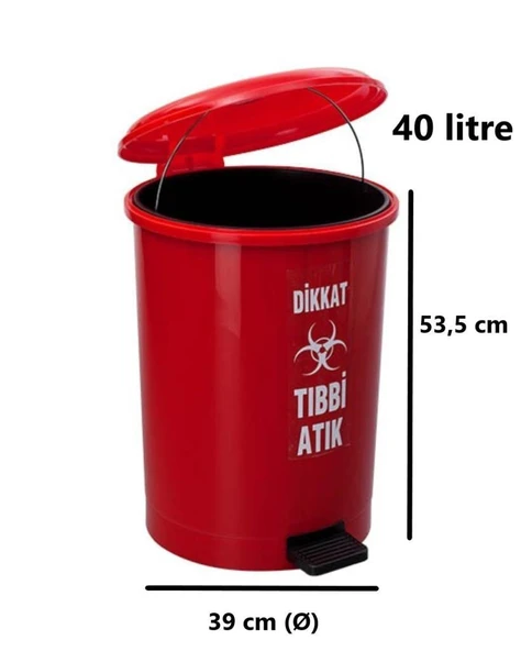 Omnipazar SY-4219 Kırmızı Tıbbi Atık Pedallı Yuvarlak Çöp Kovası İç Kovalı 40 Lt - 2