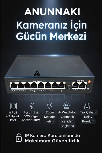 Anunnaki AN1028MN 8 Port PoE Switch | 120W | 2 Uplink | 250m Extend | IP Kamera Uyumlu AI Watchdog - Resim 2