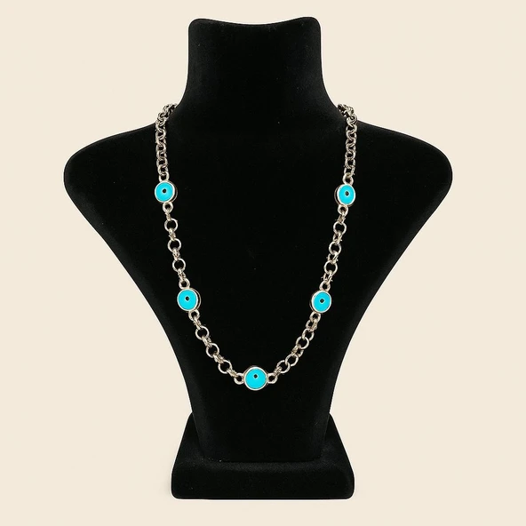 Gümüş Renk Nazar Boncuklu Figürlü Kolye