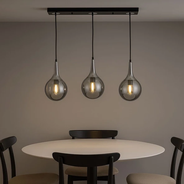 TT601-3S-SY-KR TT Aydınlatma Mat Siyah - Krom 3 lü Uzun Hunili Sıralı Avize - Resim 3