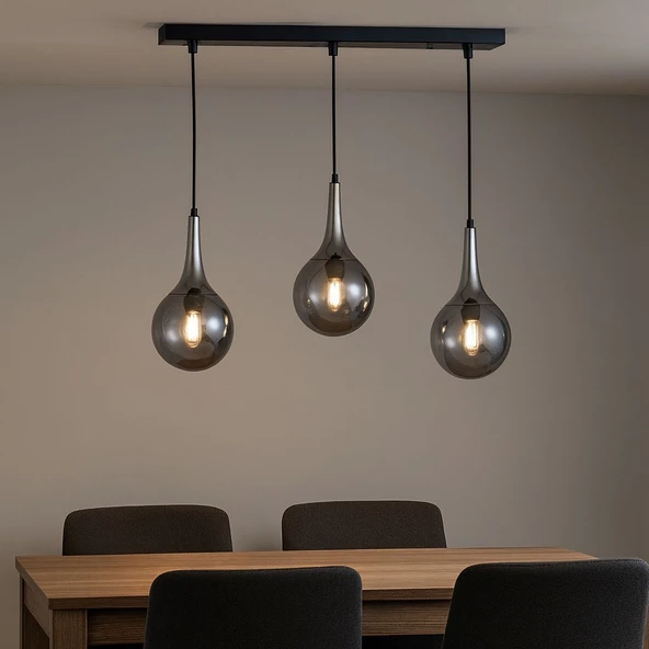 TT601-3S-SY-KR TT Aydınlatma Mat Siyah - Krom 3 lü Uzun Hunili Sıralı Avize - Resim 2