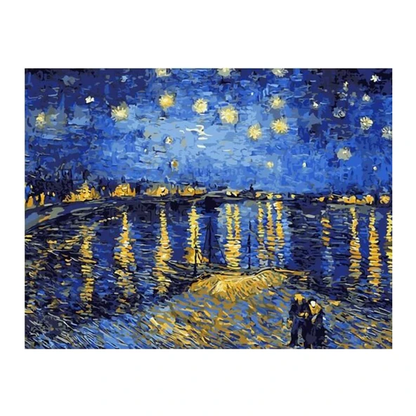Çerçeveli Ren Nehrinde Yıldızlı Geceler Kanvas Sayılarla Boyama Seti Kasnaklı  40cm x 50 cm - Resim 2