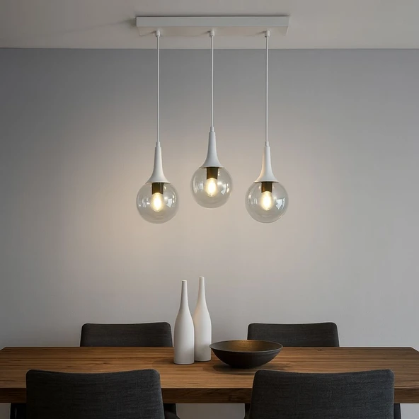 TT601-3S-FULLBY TT Aydınlatma Mat Beyaz 3 lü Uzun Hunili Sıralı Avize - Resim 3