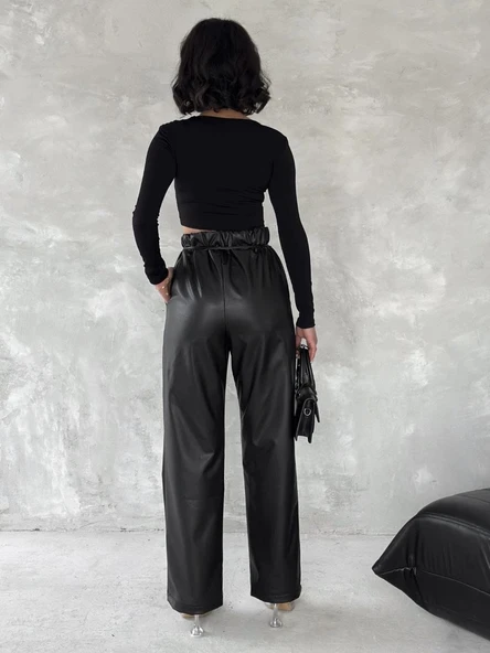 Kendinden ince kemerli deri pantolon siyah t1178 - Resim 4