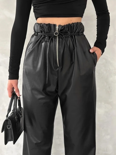 Kendinden ince kemerli deri pantolon siyah t1178 - Resim 2