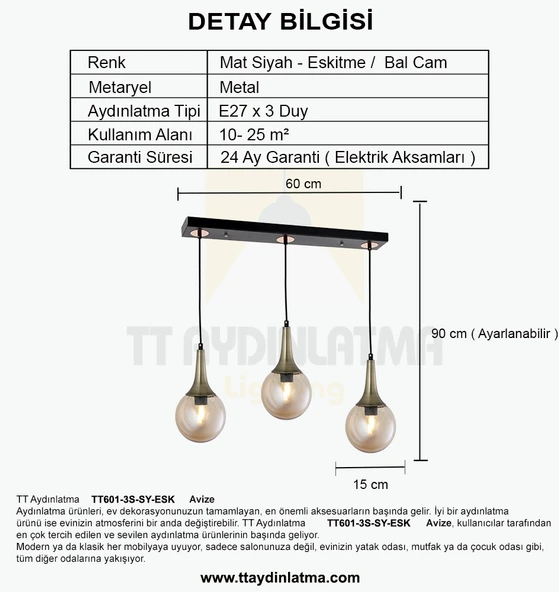 TT601-3S-SY-ESK TT Aydınlatma Mat Siyah - Eskitme 3 lü Uzun Hunili Avize - Resim 4