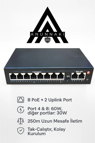 Anunnaki AN1028MN 8 Port PoE Switch | 120W | 2 Uplink | 250m Extend | IP Kamera Uyumlu AI Watchdog ürün görseli 1
