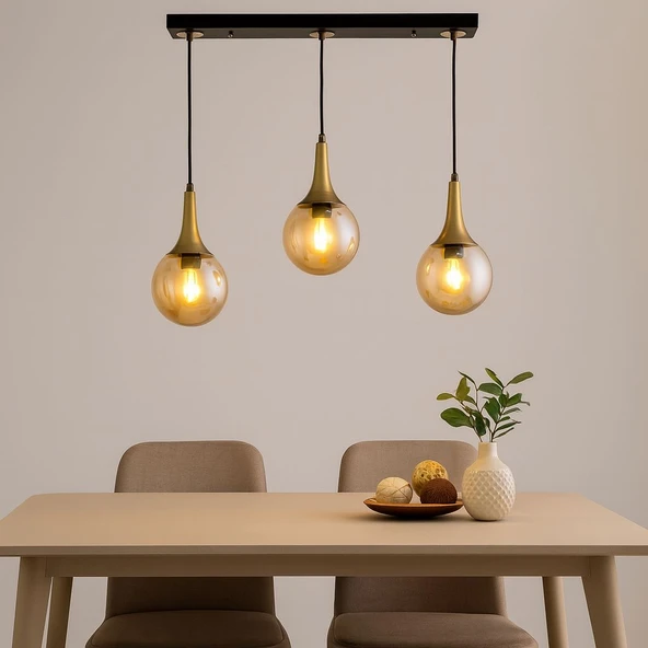 TT601-3S-SY-ESK TT Aydınlatma Mat Siyah - Eskitme 3 lü Uzun Hunili Avize - Resim 3