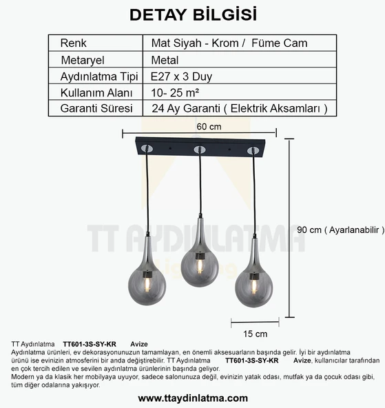TT601-3S-SY-KR TT Aydınlatma Mat Siyah - Krom 3 lü Uzun Hunili Sıralı Avize - Resim 4