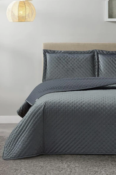 Parma Çift Kişilik Lüks Kadife 240x260 cm Yatak Örtüsü Antrasit ürün görseli