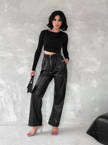 Kendinden ince kemerli deri pantolon siyah t1178 - Resim 5