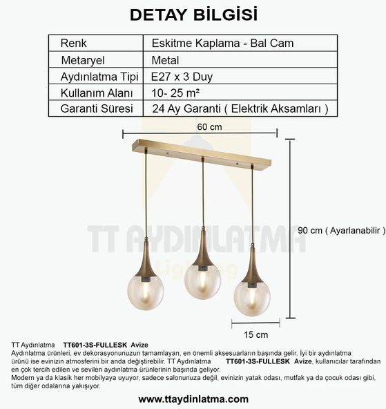 TT601-3S-FULLESK TT Aydınlatma Eskitme Kaplama 3 lü Sıralı Uzun Hunili Avize - Resim 4