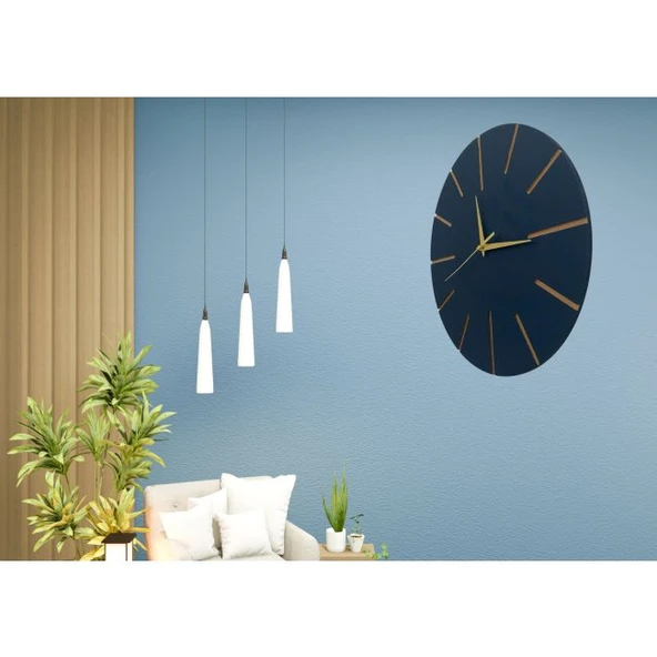 Ahşap Minimal Dekoratif Duvar Saati - 33x33 Cm Lacivert - Resim 2