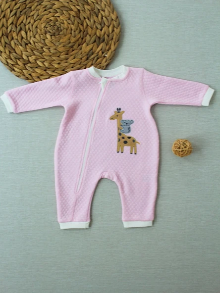 6-9 12-18 18-24 24-36 Ay Animal Nakışlı Bal Peteği Kumaş Es Fermuarlı Kız Bebek Tulumu ürün görseli