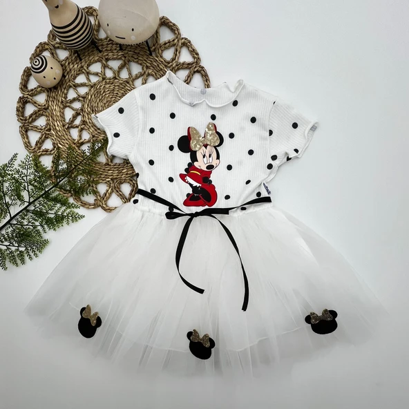 2-3-4 Yaş Puantiyeli Mickey Baskılı Kurdela Kuşaklı Astarlı Kız Bebek Tütü Elbisesi ürün görseli 1
