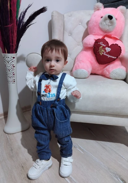 9-12-18 Ay Papyonlu Sweat Kot Pantolon 2li Erkek Bebek Salopet Takımı - 7