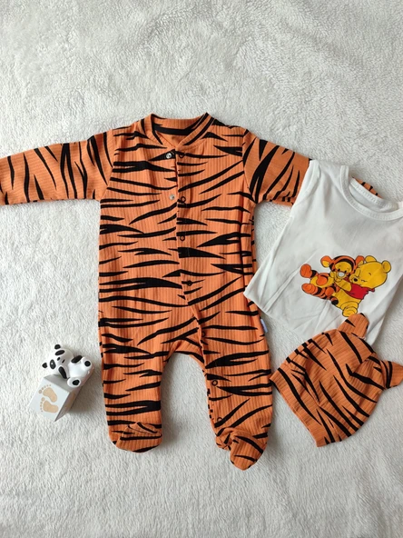 3-6-9-12 Ay Pooh Desenli Zebra Çizgili Şapkalı Sweatli 3lü Kız Erkek Bebek Tulumu(sarı) - 6