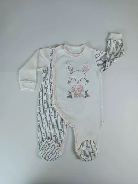 0-3 3-6 Ay Minik Tavşan Nakışlı Boydan Çıtçıt Kapamalı Kız Erkek Bebek Tulumu - Resim 2