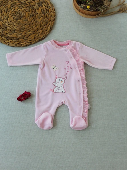 3-6 6-9 9-12 Ay Romantik Fil Nakışlı Pembe Süslü Kız Bebek Tulumu ürün görseli