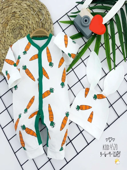 3-6-9-12 Ay Kulaklı Şapkalı Havuç Baskılı Boydan Çıtçıtlı Uzun Kollu Kız Erkek Bebek Tulumu ürün görseli