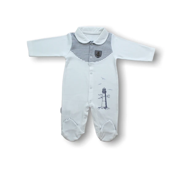 3-6 6-9 Ay Deniz Feneri Nakışlı Patikli Uzun Kollu Erkek Bebek Tulumu ürün görseli