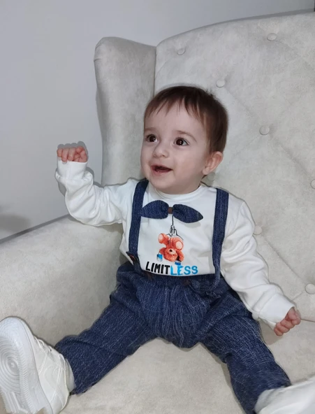 9-12-18 Ay Papyonlu Sweat Kot Pantolon 2li Erkek Bebek Salopet Takımı - 4