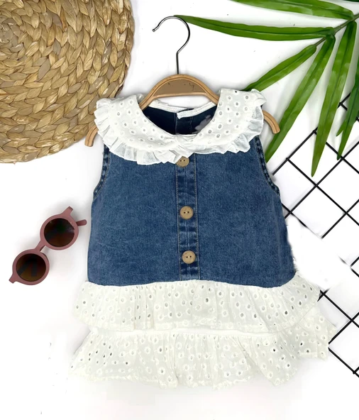 6-9-12-18 Ay Güpür Yaka Ve Etek Detaylı Kot Kilotlu Etek Kız Bebek Elbisesi ürün görseli 1