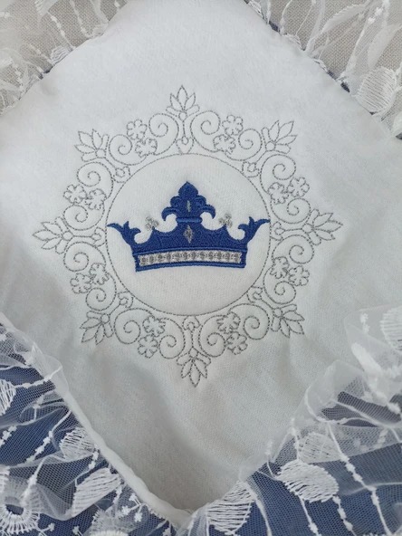 Yenidoğan Saray Kadife Taç Nakışlı İnci Fiyonklu Dantel Duvak Trilüks Kundak Bebek Battaniye - Resim 3