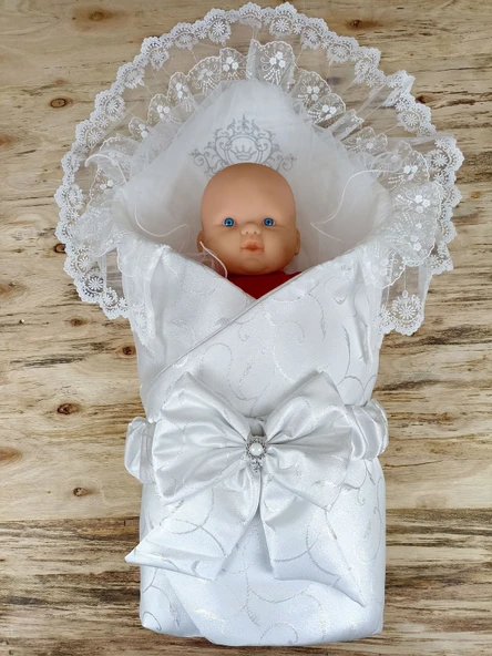 Yenidoğan Pırıltı Taç Nakışlı İnci Delüks Kundak Bebek Battaniyesi - Resim 2