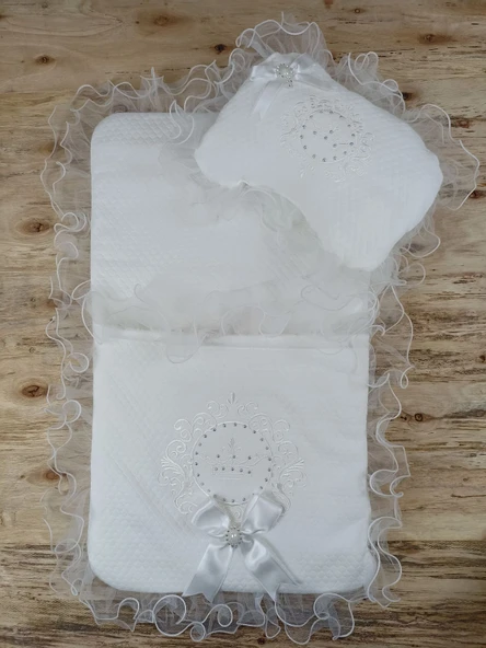 Yenidoğan Bal Peteği Taç Nakışlı Kundaklı Trilüks 3lü Alt Açma Seti - Resim 4