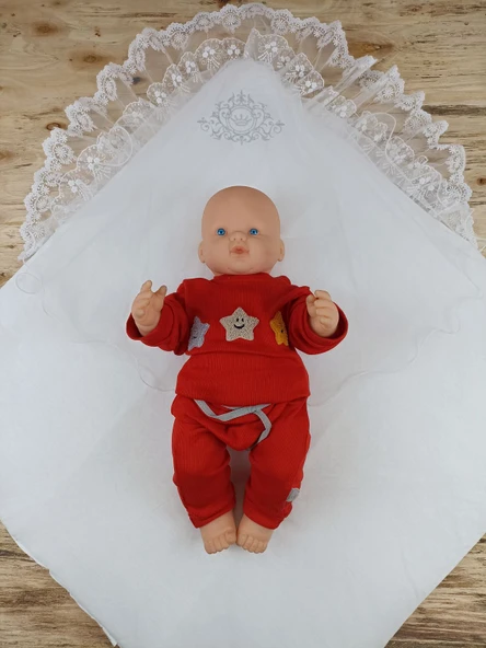 Yenidoğan Pırıltı Taç Nakışlı İnci Delüks Kundak Bebek Battaniyesi - Resim 4
