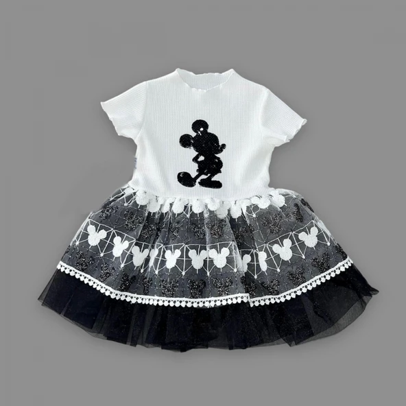 1-2-3 Yaş Payetli Mickey Baskılı Brode Etekli Kız Bebek Elbisesi - 2